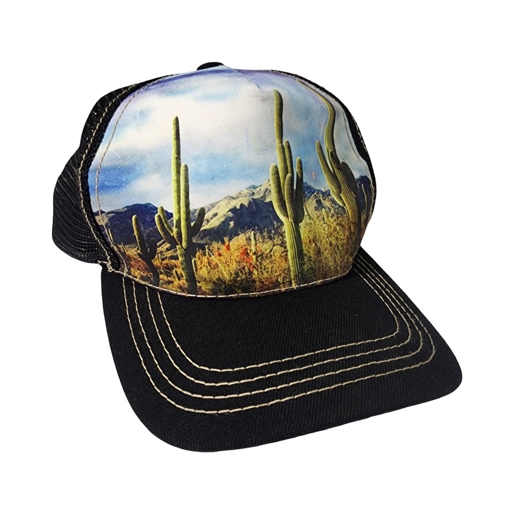 Big Bear Desert Saguaro Cactus Trucker Hat Black Mesh Snapback Nature Cap